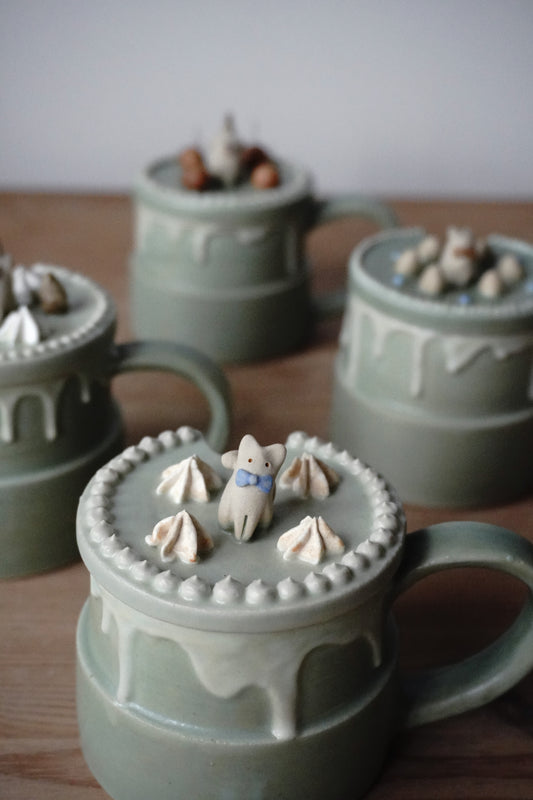 Lidded Cup - Peppermint Blue Bow Cat