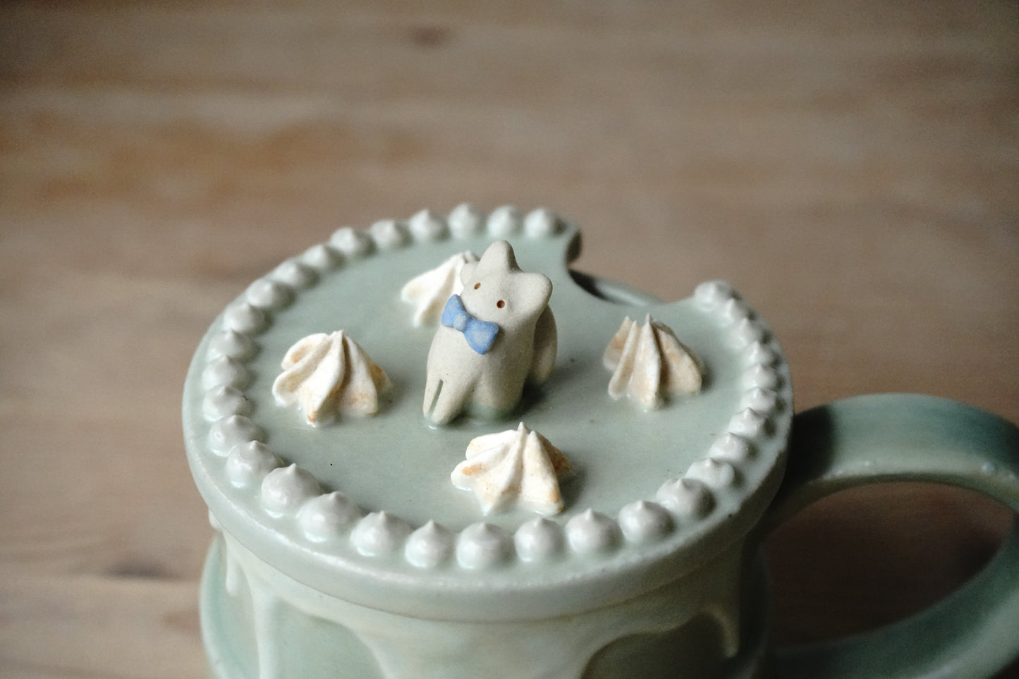 Lidded Cup - Peppermint Blue Bow Cat