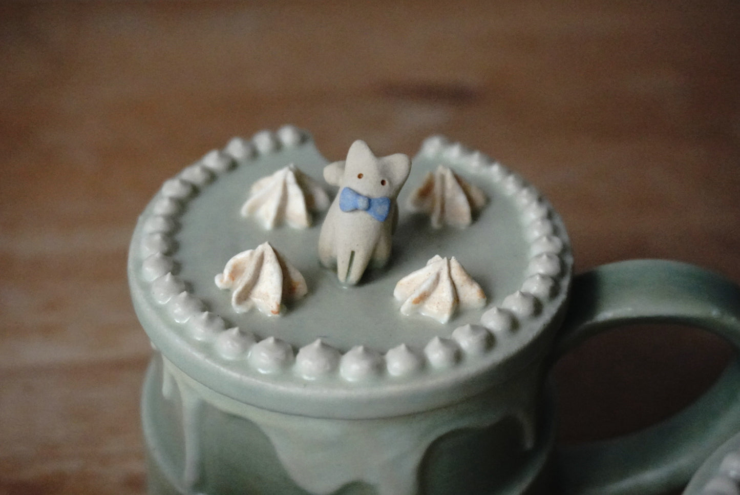 Lidded Cup - Peppermint Blue Bow Cat